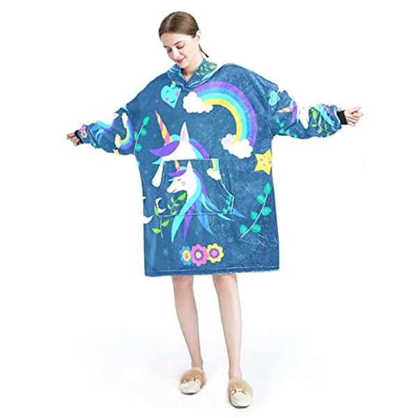 Eenhoorn buste omringd door bloemen maan sterren draagbare deken hoodie, oversized capuchon voor dames, comfortabel sweatshirt, Meerkleurig, One Size